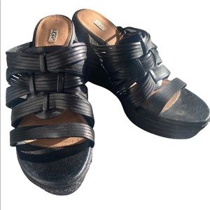 UGG Melinda Black Leather Wedge Sandal, 9, Amazing Condition